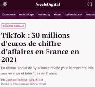 消息稱2021年TikTok在法國營業(yè)額達(dá)2960萬歐元